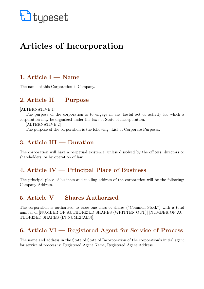 Example of Articles of Incorporation format