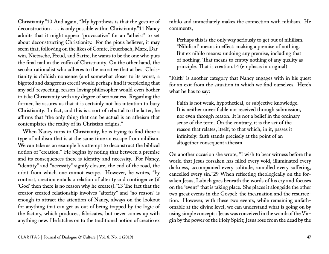 Example of CLARITAS: Journal of Dialogue and Culture format