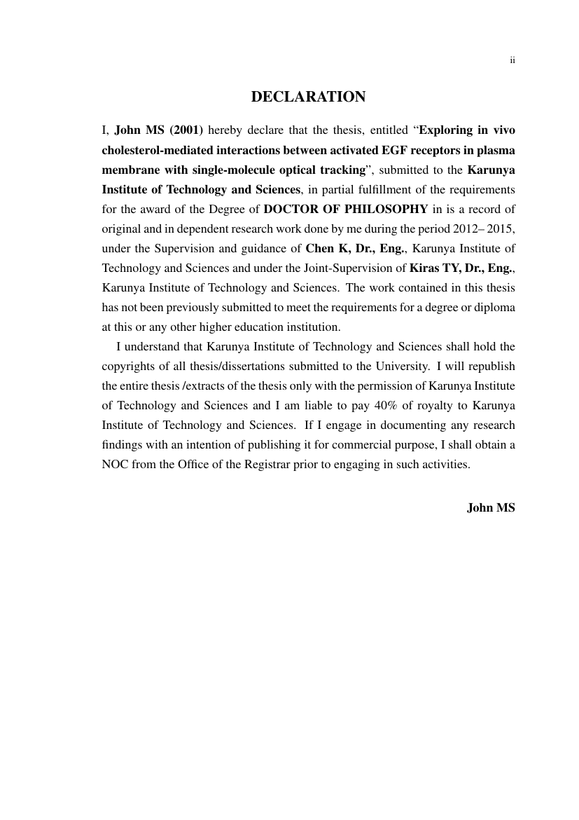 Example of Thesis Format for Karunya Institute of Technology and Sciences format